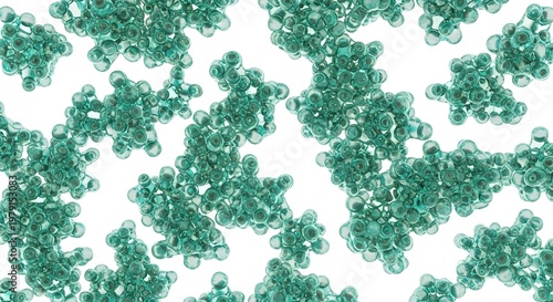 Abstract Molecular Structure with Teal Bubbles on White Background