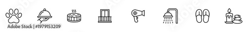 Icon outline paw food dessert window hairdryer shower set of minimal line symbols for pet service room amenity bathroom spa slipper candle stone hospitality menu web app
