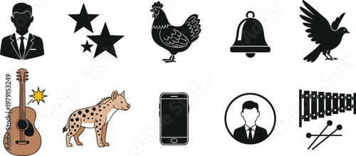 Music and Lifestyle Icon Set Featuring Businessman Stars Chicken Bell Bird Guitar Hyena Smartphone Profile and Xylophone Symbols for Design