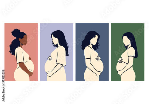 Diverse Pregnant Women Silhouettes Set, Minimalist Maternity Art, Motherhood and Pregnancy Inclusive Representation
