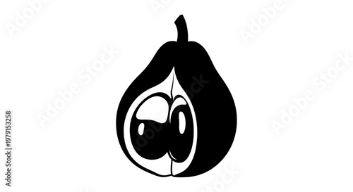 A simple black and white illustration of a fig with a face