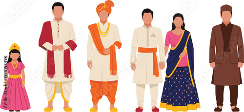 Traditional Indian Family Characters in Ethnic Clothing Including Men, Woman and Child Wearing Cultural Attire Flat Vector Illustration Set