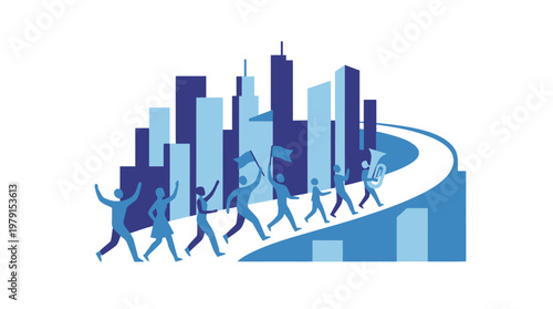 People Marching Forward Towards City Skyline