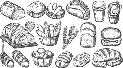 Collection of HandDrawn Bakery Bread Assortment Sketches.