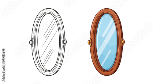 Oval Mirror, Sketch and Colored Version, Isolated on White Background
