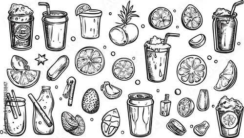 Collection of HandDrawn Refreshing Summer Drinks and Citrus Fruits.