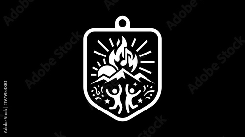 Camping Emblem with Fire Mountains and People