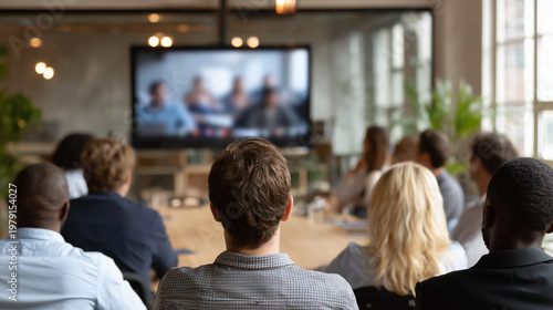 Diverse multiracial corporate team attending a global virtual town hall meeting. Over the shoulder view of audience looking at blurred video conference screen in modern office.