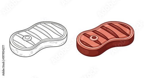 Raw and Cooked Steak Icon Set: Line Art and Color Illustration