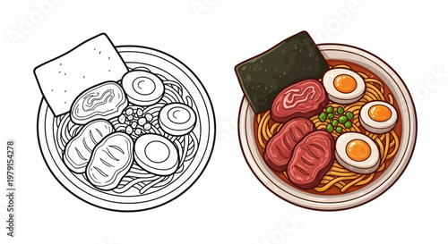 Ramen Bowl Illustration: Coloring Page vs. Full Color - Japanese Noodle Soup