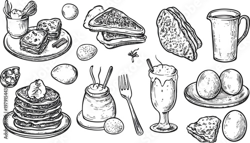 Hand Drawn Sketch of a Delicious Breakfast Spread.