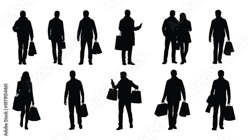 A collection of black silhouettes depicting people carrying shopping bags showcasing diverse poses and interactions high quality professional detailed modern elegant