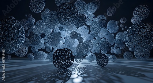 Abstract 3D Render of Spherical Structures with Intricate Cellular Design