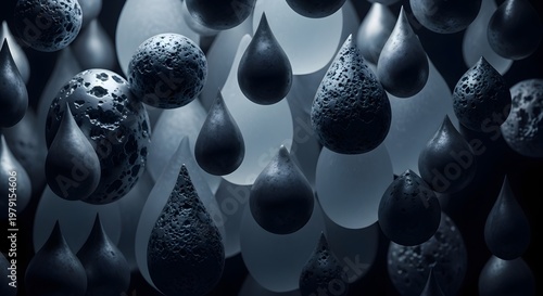 Abstract 3D Render of Water Droplets and Spheres, Dark Blue Tones
