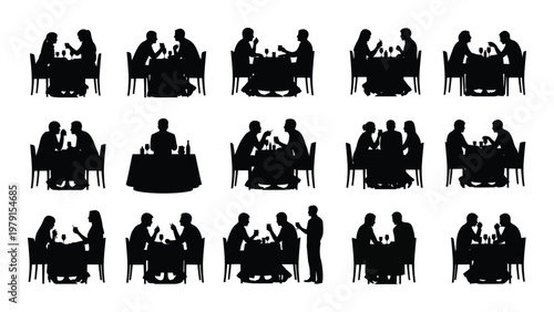 A collection of black silhouette icons depicts people dining at tables showcasing various group sizes and interactions high quality professional detailed