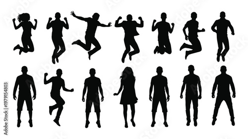 A collection of black silhouettes depicts a diverse group of people joyfully jumping and posing with arms raised high quality professional
