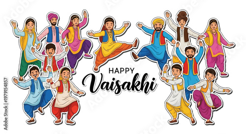 A festive vector illustration shows a group of people celebrating Happy Vaisakhi, the Punjabi harvest festival, dressed in traditional clothing and performing folk dances against a clean