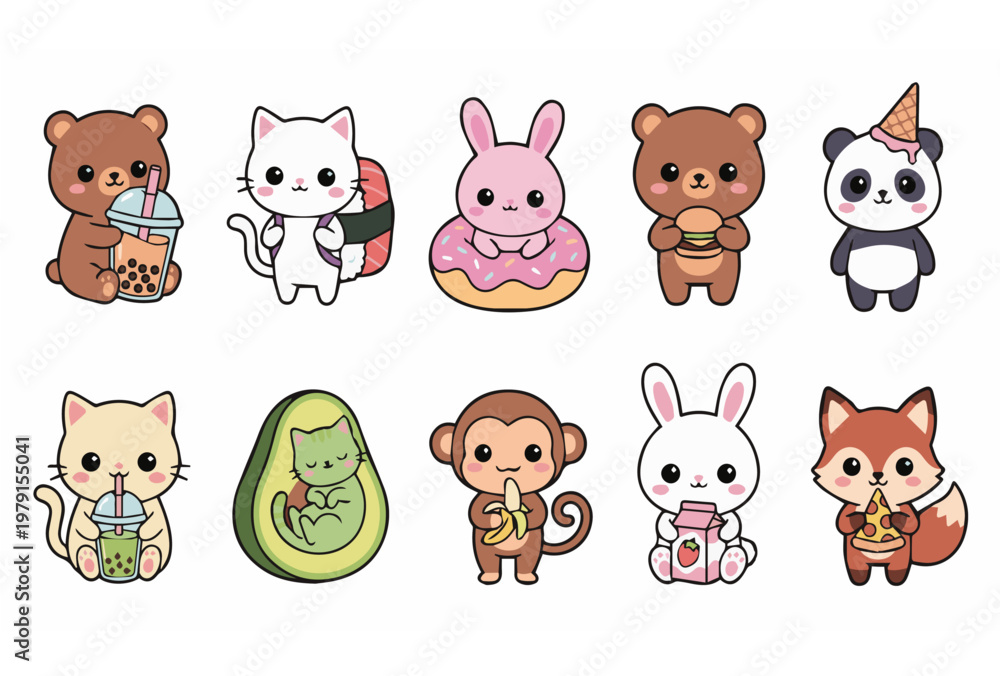 Obraz premium Farm animals in kawaii style with pastel colors, perfect for children illustration.
