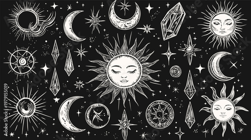Mystical Celestial Elements Sun Moon Stars Crystals and Symbols.