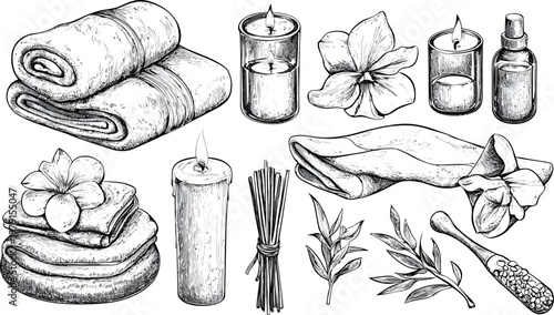 Relaxing Spa Elements Collection Hand Drawn Sketch.
