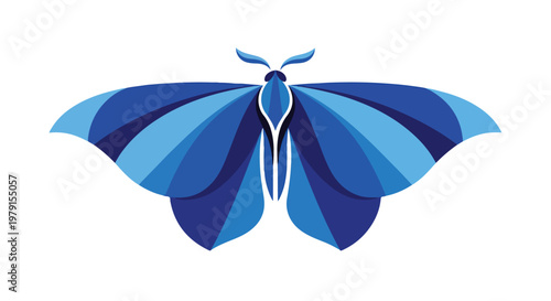 Stylized blue butterfly vector illustration, elegant moth icon with geometric wings, modern insect logo design in shades of blue and cyan