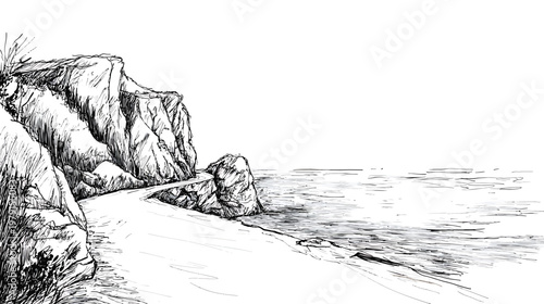 Secluded Rocky Shoreline with Gentle Waves in Pen and Ink Sketch.