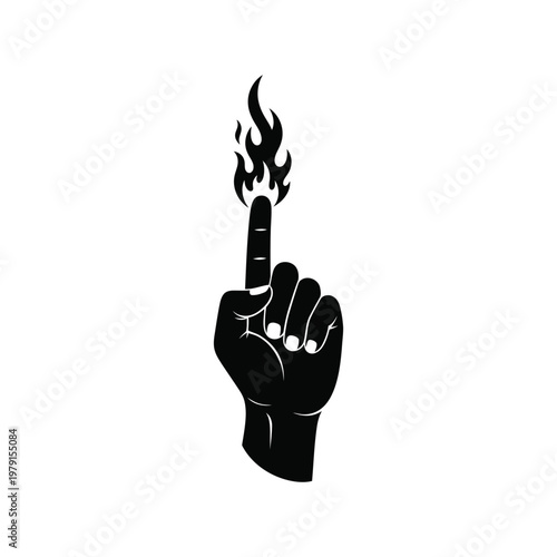 A hand gesture with a flaming middle finger is shown.
