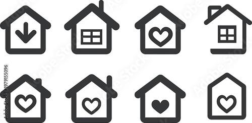Set of House Icons with Different Symbols.