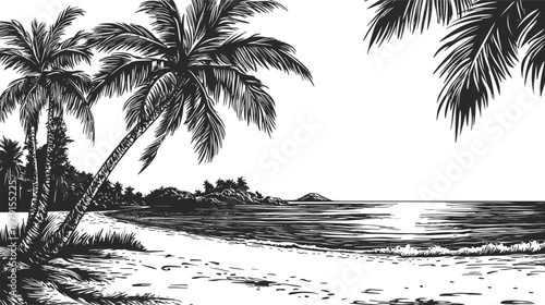 Tropical Beach Scene with Palm Trees and Ocean Waves in Black and White.