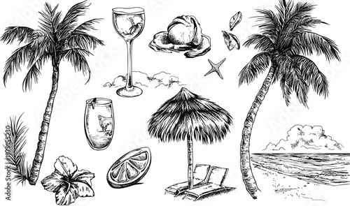 Tropical Beach Vacation Elements Hand Drawn Sketch Collection.