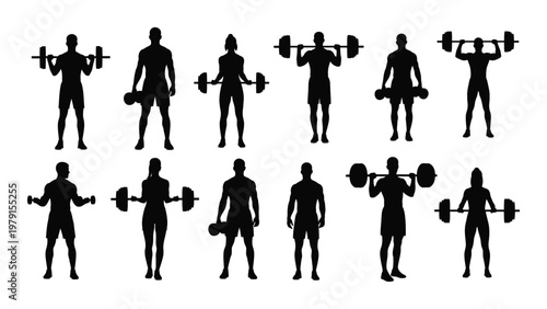 A collection of silhouette figures depicting diverse individuals engaged in weightlifting and strength training exercises high quality professional detailed modern elegant