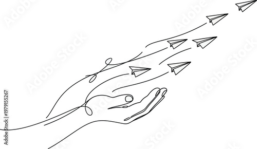 Simple continuous line drawing of a human hand releasing multiple paper airplanes flying upwards into the clear white empty space