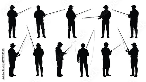 A collection of silhouetted figures demonstrates diverse fishing poses and attire suggesting recreational angling activities high quality professional detailed modern elegant