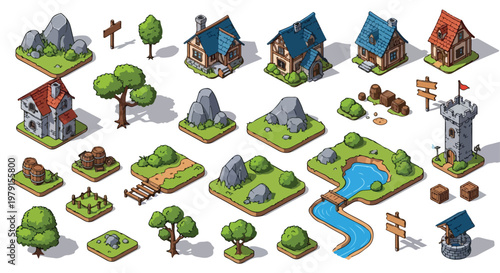 Isometric medieval game assets set, fantasy village buildings and nature elements, 25 vector icons for map construction and world building