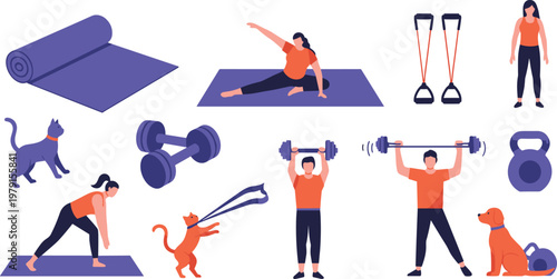 Fitness and Workout Icon Set Featuring Yoga, Weights, Resistance Bands, Pets, and Active Lifestyles for Health and Exercise Designs