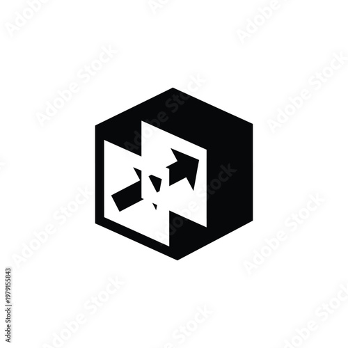 A black and white geometric illustration of a cube with arrows on its face.