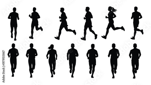 A collection of black silhouette figures depicting people running in various dynamic poses suggesting movement and athleticism high quality professional detailed