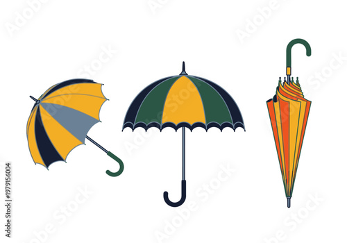 Set of Colorful Vintage Umbrellas in Open and Closed Positions Isolated on White Background
