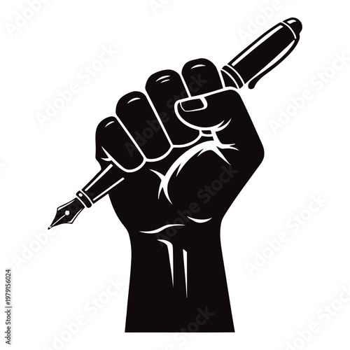 A clenched fist holding a fountain pen symbolizing the power of writing and free speech in a protest or demonstration vector on white background