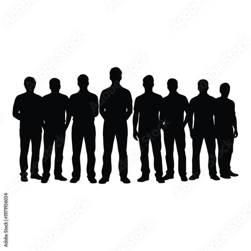 A diverse group of eight adult male silhouettes standing side by side and looking forward with casual clothing styles vector on white background