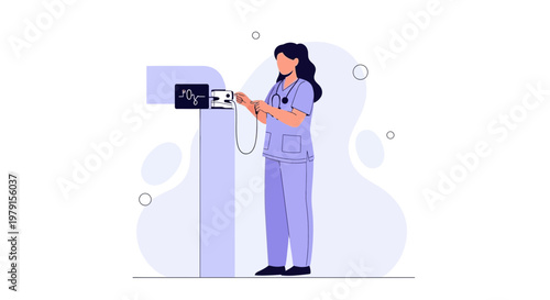 Nurse checking patient's vital signs on medical monitor in clinic