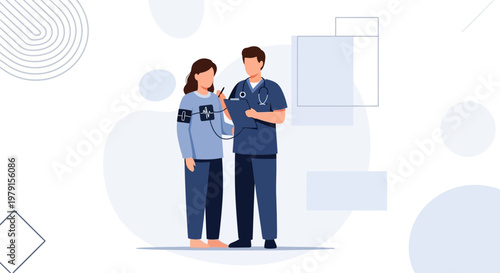 Doctor checking patient's blood pressure with stethoscope and monitor, medical checkup concept