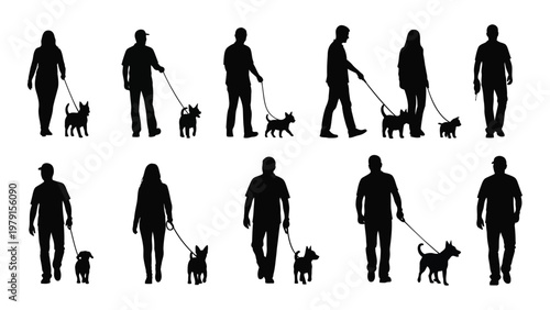 A collection of silhouetted figures walking dogs on leashes showcasing diverse postures and human animal companionship high quality professional detailed modern