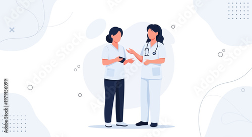 Two nurses discussing medical information on a tablet in a modern hospital setting.