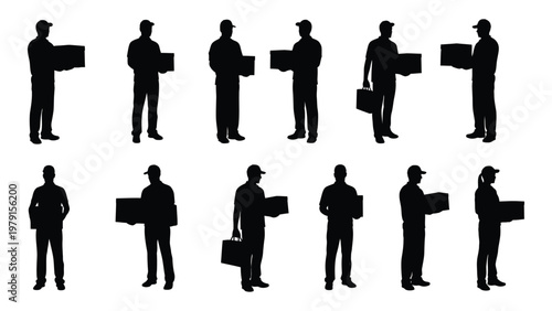 A collection of silhouetted figures primarily men are shown carrying boxes and bags suggesting delivery or moving high quality professional detailed