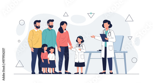 Family Doctor Visit: Parents, Children, and Pediatrician in a Modern Clinic