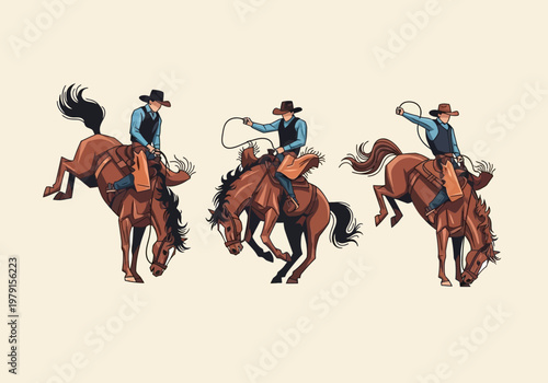 Western Rodeo Set: Three Cowboys Riding Bucking Horses and Mustangs, Vector Illustration of Wild West Competition