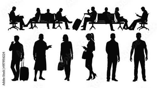 A collection of black silhouette figures depicting people waiting traveling and interacting in public spaces high quality professional detailed modern elegant