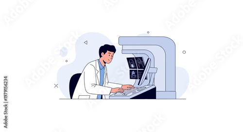 Doctor analyzing medical scans on computer, modern medical technology illustration