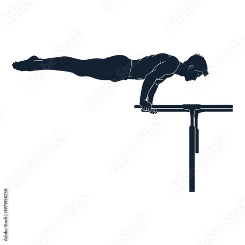 Athlete performing a planche exercise on parallel bars demonstrating strength and body control athletic skill vector on white background